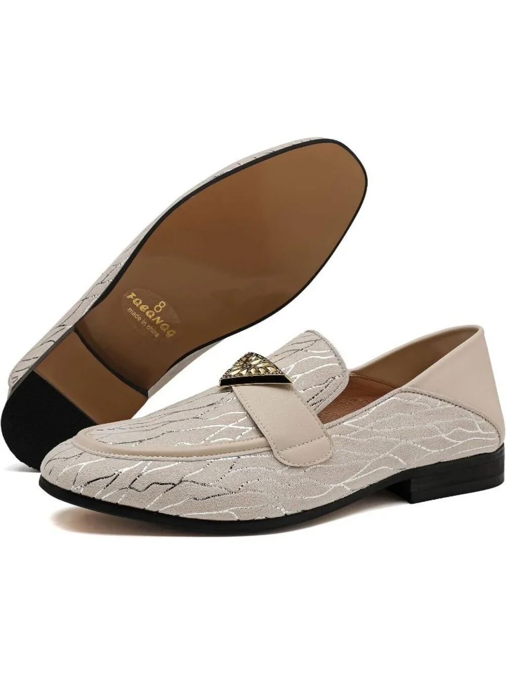 FQEQNQG Men's Beige Velvet Loafers Metal Buckle Shiny Slip On Classic Shoes